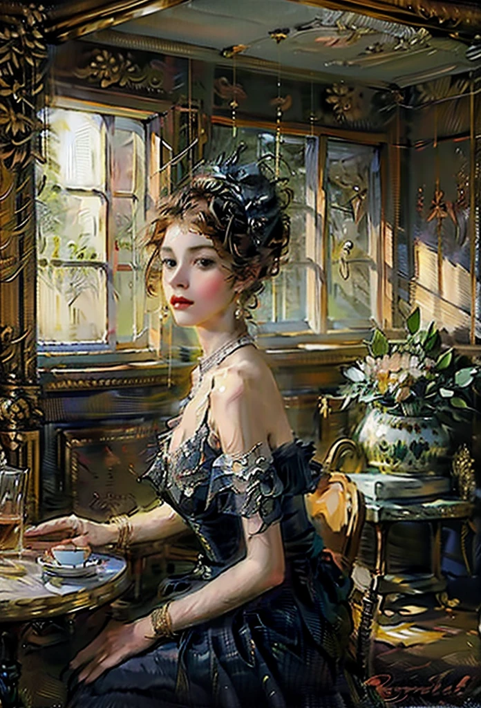 ((of the highest quality, 8K,Raw photo)), (Realistic, Photorealistic: 1.37), (Face Focus: 1.1), Vintage Woman in Large Hat Instant , Victorian Portrait. Digital Painting , Elegant vintage painting of a woman in a longdress at the window ,oil painting, fine arts , ultra detailed 