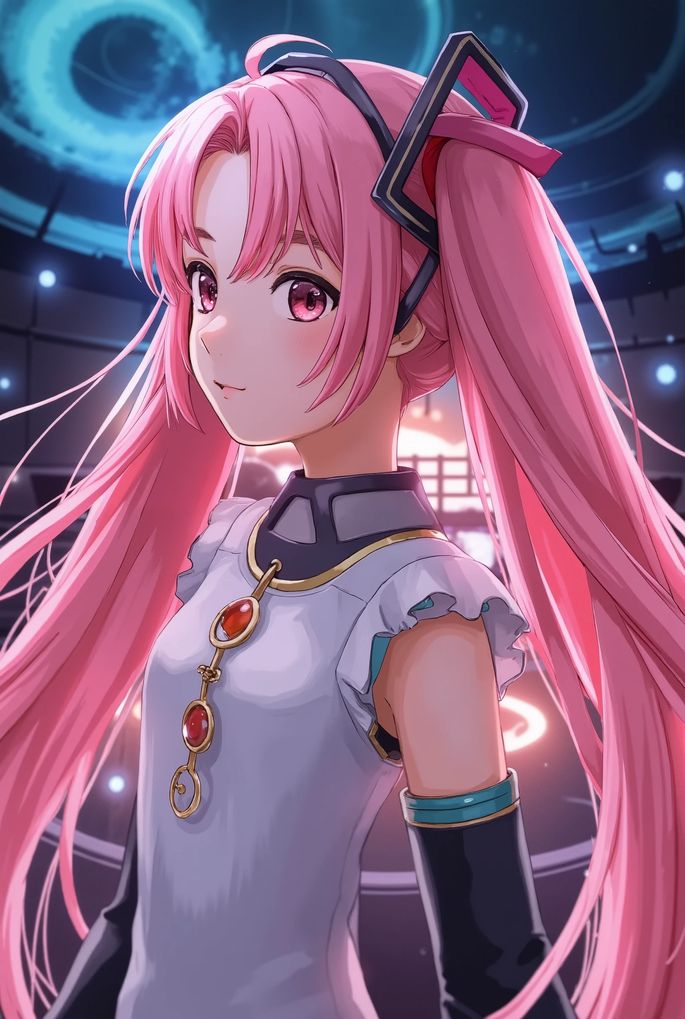 (masterpiece、 top quality 、 top quality 、 Official Art、 Beautiful and Beautiful :1.2)、( One Girl :1.3) Hatsune Miku 、 twin tails, Beautiful breasts,   cute girl、 pink hair, long hair,hair pinned back with a hairpin on one side、 contemporary cinematic lighting , ray tracing,Drop Shadow Wide Shot UHD , textured skin ,  High Details  , top quality 4K