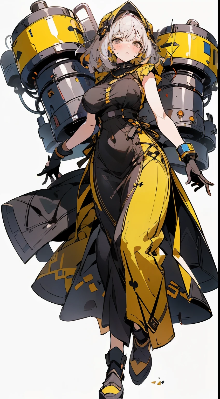 (masterpiece:1.2),8k, beautiful, high quality,
(full-length photograph:1.2)、((white background:1.6)),(Flat Illustration Art:1.2), (poster art:1.2),(Ultra-definitive game CG), CG animation, Character setting painting,Original character reference sheet adoptable,score_9,score_8_up, score_7_up, score_6_up, score_5_up, precise details, animation,
Cute tanned girl, ((angry face)),
curly hair, blue eyes, (yellow hair:1.5), (black&yellow long dress:1.9),
(makeup lipstick eyeliner mascara eyeshadow:1.1) dark skin, Mole under the eye, Rings, Necklaces, (large breasts:1.7),
emale, (holding large laser cannon), glasses girl, heavy equipment, full body armor, armor girl, mobile suit style, purple like clothes,