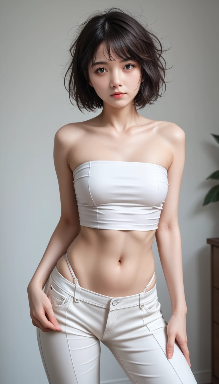  beautifully detailed portrait of a  Japanese girl,  short bob haircut , medium breasts,  Messy Hair , Healthy-looking ,  Sexy Expression, Tight clothing,  Bold Poses, Detailed embroidery,  belly button out,  tube top,  garter belt,  High Quality , 8k,  Photorealistic ,  very detailed, Dramatic lighting,  bright colors , (最 High Quality ), ( Ultra Detailed), (Best illustrations), (Best Shadow), ( absurd),  (( High Legged Thong Pants )),white　underwear、 ulzzang-6500-v1 .1, ( RAW photos :1.2), ( Photorealistic :1.4), girl with beautiful details,  Individually visible 