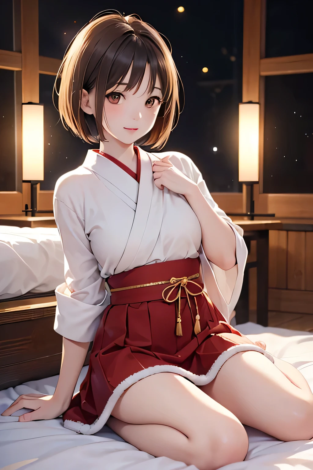  top quality ,  face focus,  soft light,  super high res, ( photo realistic:1.4),  RAW photos ,  1 Japanese Girl , solo, cute, ( shy smile :0.5), ( brown eyes,  light in the eyes ),  detailed and beautiful face , ( human skin texture near female genitals), ( short bob hair), night, night空,  Santa Claus clothes,   skirt