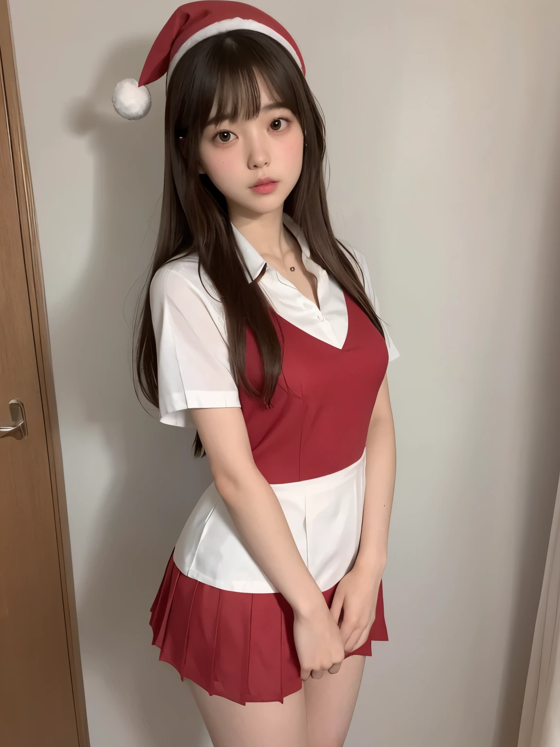japanese maid, mature woman, ((Chubby round face around 40)), Glasses, Wavy black hair without bangs, long hair, twin ponytail, flashy makeup, plump lips, sexy gaze, uniform, ((dressing)), looking at camera, Low angle shooting, cute duck mouth,((Very precise and accurate anatomy)), (masterpiece:1.43), perfect proportions, realistic pictures, full shot, whole body, (height: 148cm), High heels have two legs,having two arms、have two legs, Must have two arms))