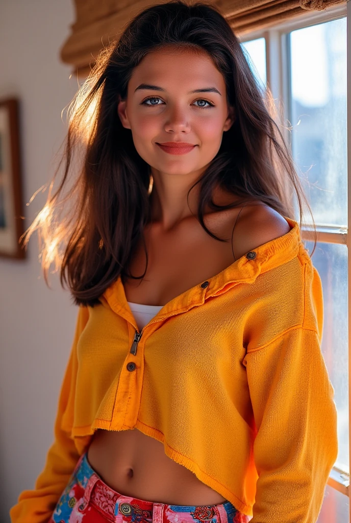 Joey Potter wearing a cropped sweater and colorful panties with underboob and smiling