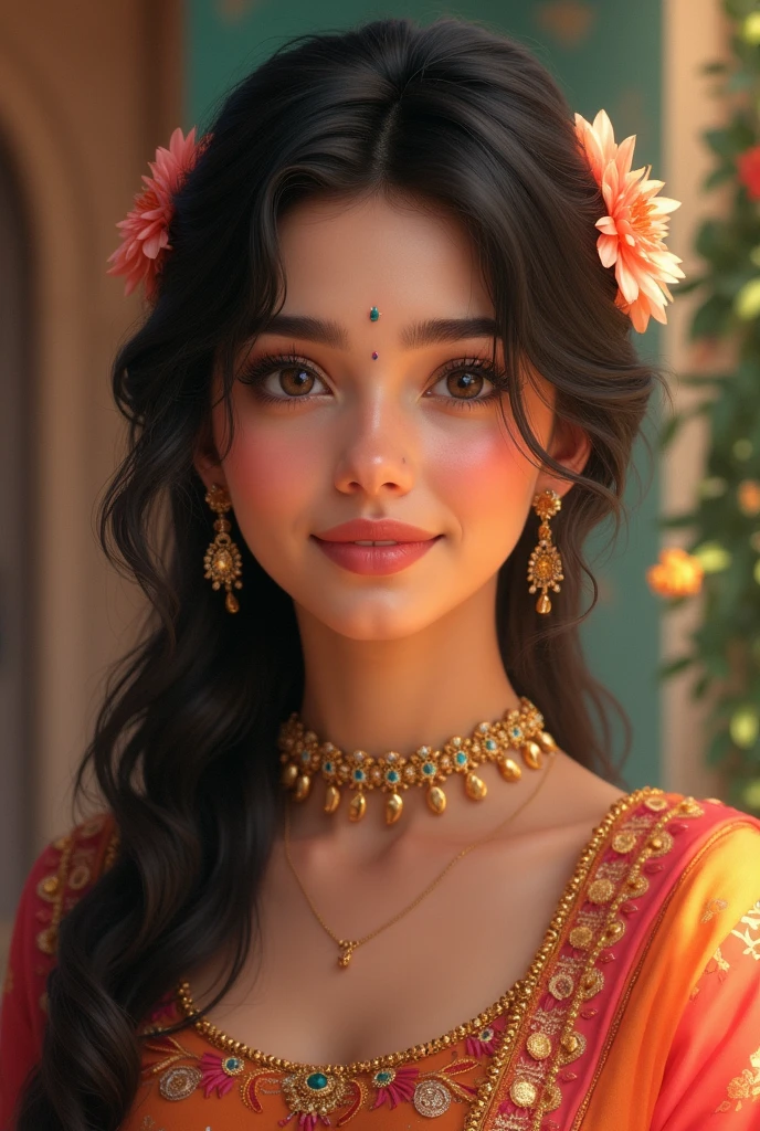 Indian princess ready marriage look for aa textile
shop advertising.in off-white saree like lahanga in with smaily face in her full image