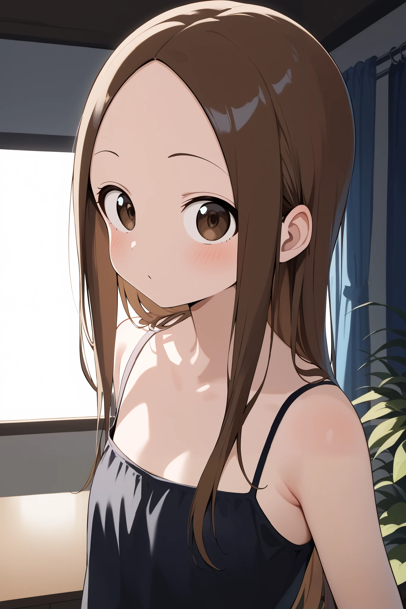 NSFW,masterpiece, top quality , high res, very detailed,Takagi\(からかい上手のTakagi\), long hair、Brown Hair、 split bangs,Forehead、clavicle, camisole, miniskirt,Nightlife