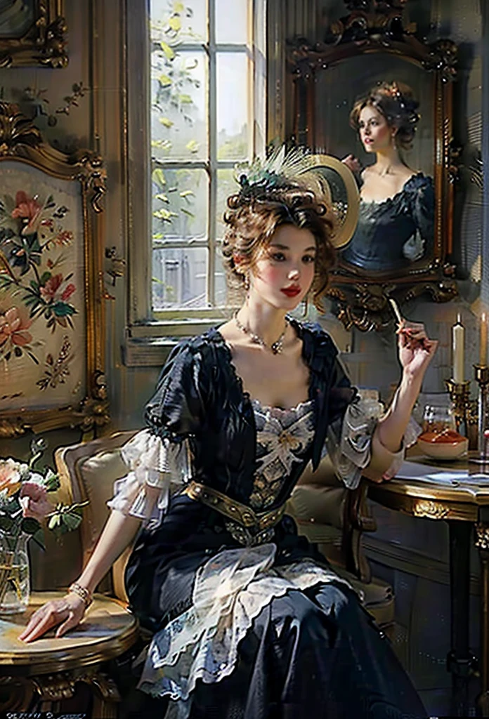 ((of the highest quality, 8K,Raw photo)), (Realistic, Photorealistic: 1.37), (Face Focus: 1.1), Vintage Woman in Large Hat Instant , Victorian Portrait. Digital Painting , Elegant vintage painting of a woman in a longdress at the window ,oil painting, fine arts , ultra detailed 