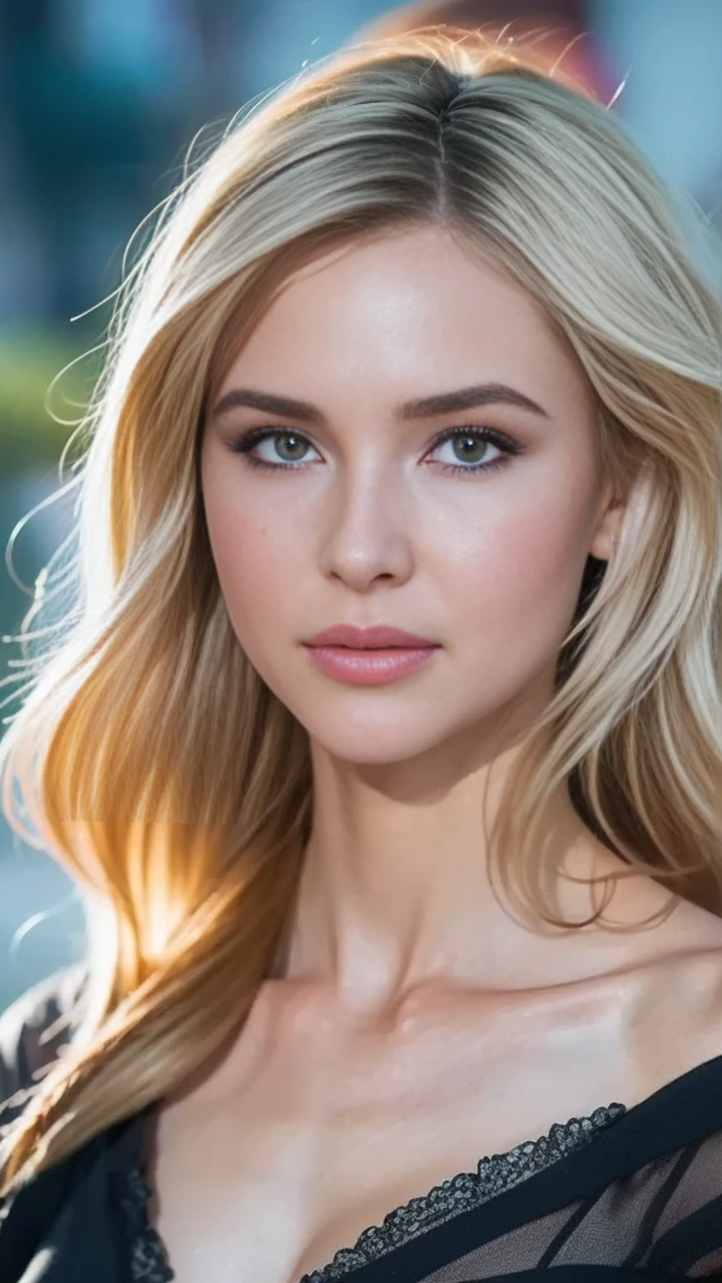 Highest quality, outstanding details, super high resolution, (fidelity: 1.4), the best illustration, favor details, highly condensed 1girl, with a delicate and beautiful face, delicate collarbone, shyness. medium breasts, long blonde hair, half body portrait, looking at viewer, sexy body, slim waist