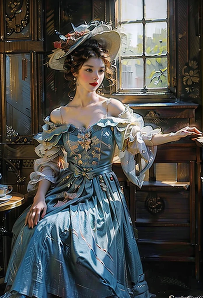 ((of the highest quality, 8K,Raw photo)), (Realistic, Photorealistic: 1.37), (Face Focus: 1.1), Vintage Woman in Large Hat Instant , Victorian Portrait. Digital Painting , Elegant vintage painting of a woman in a longdress at the window ,oil painting, fine arts , ultra detailed 