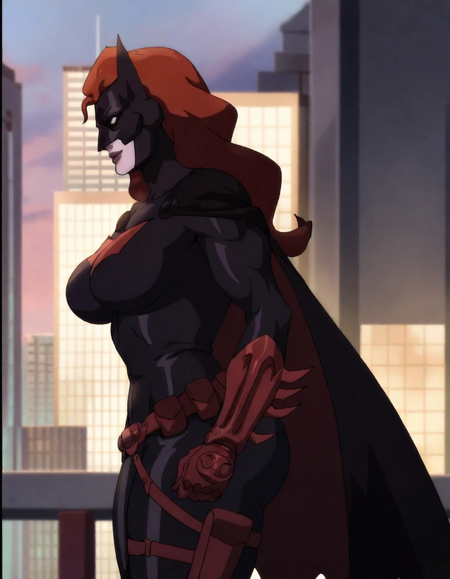 score_9, score_8_up, score_7_up, 
Batwoman, pale skin, long hair, red hair, black bodysuit, lipstick, mask, white sclera, bat cape, red bat gloves, red belt, upper body, Muscles, 6 pack, smiling, Huge Breasts, Huge Butt, Huge Thick Thighs, Wide Hips, Cyberpunk Gothic city Background, front body view, looking at viewer,