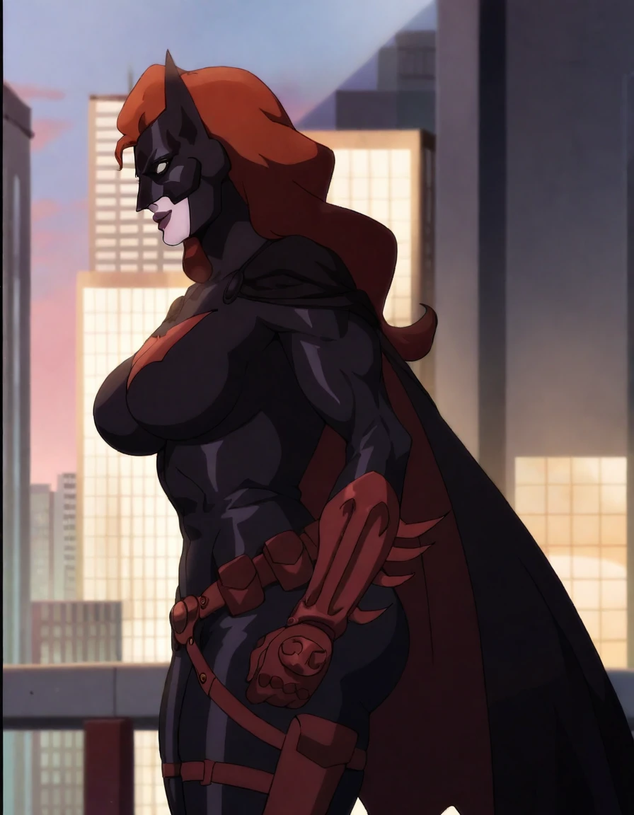 score_9, score_8_up, score_7_up, 
Batwoman, pale skin, long hair, red hair, black bodysuit, lipstick, mask, white sclera, bat cape, red bat gloves, red belt, upper body, Muscles, 6 pack, smiling, Huge Breasts, Huge Butt, Huge Thick Thighs, Wide Hips, Cyberpunk Gothic city Background, front body view, looking at viewer,