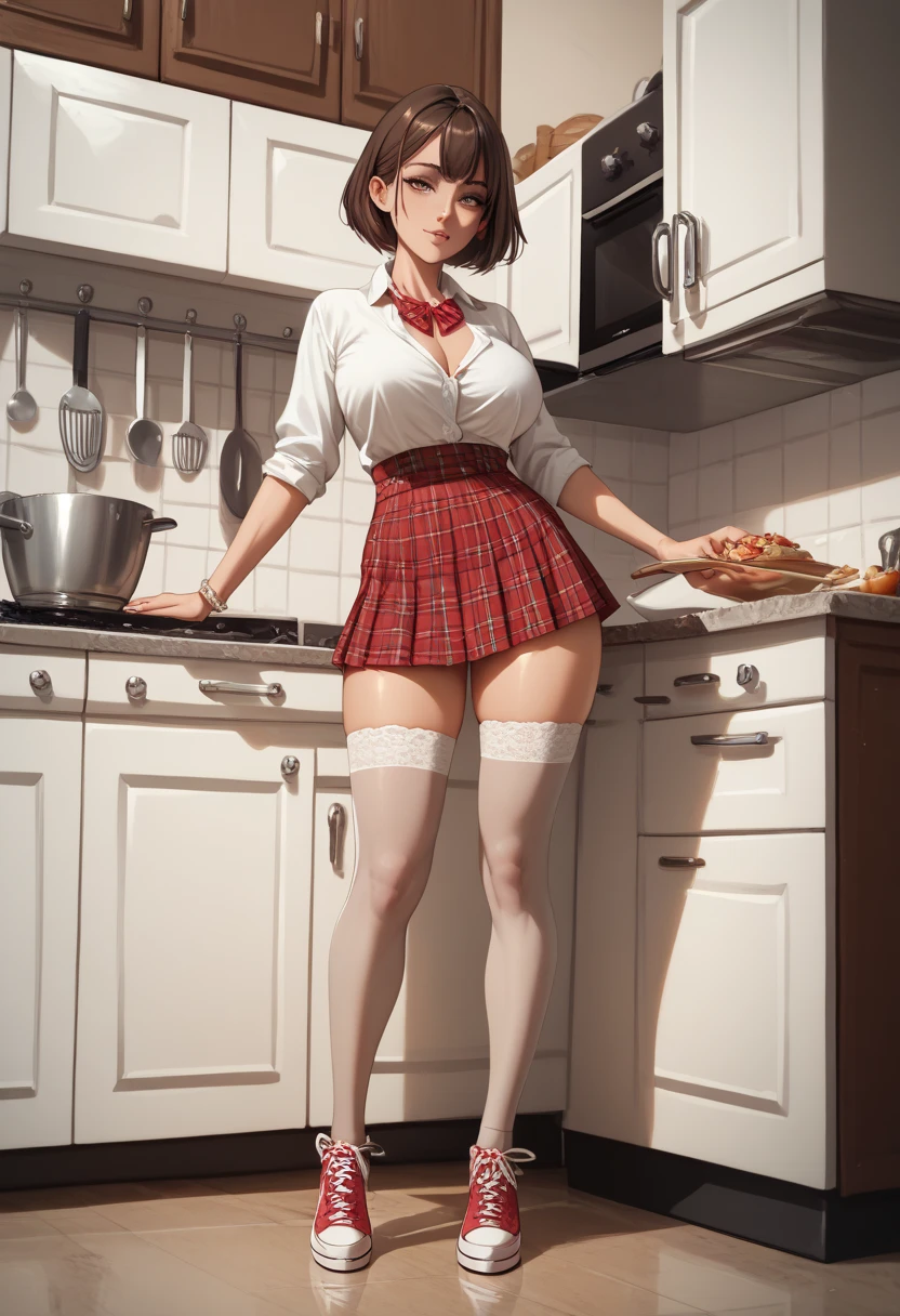 32-year-old woman with short brown hair, Bob style, with big breasts, blouse, neckline and mini skirt and sneakers, heels with thigh-length stockings standing in her kitchen. 