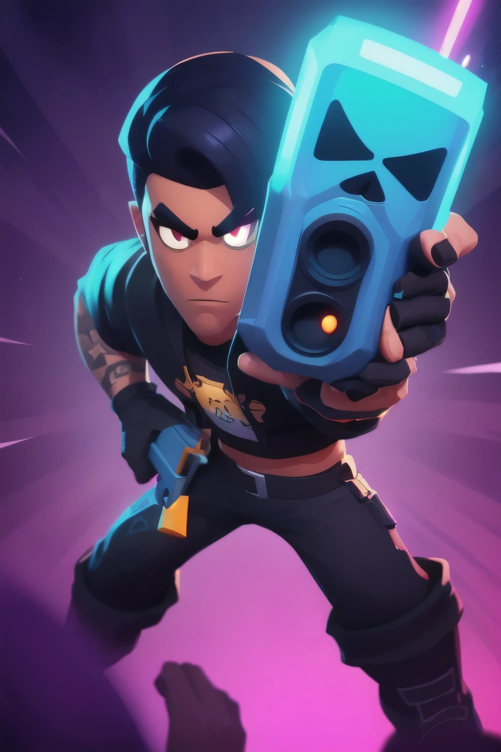 a full body close up of a person holding a gun and a flashlight, ( , brawl stars, splash art brawlstars, epic art style, blaster fire bright as neon, game character, in game style 8k, merged character, fortnite art style, stylized character, holding a blaster, slick clammy skin, clash royal style characters, mobile game style, new character