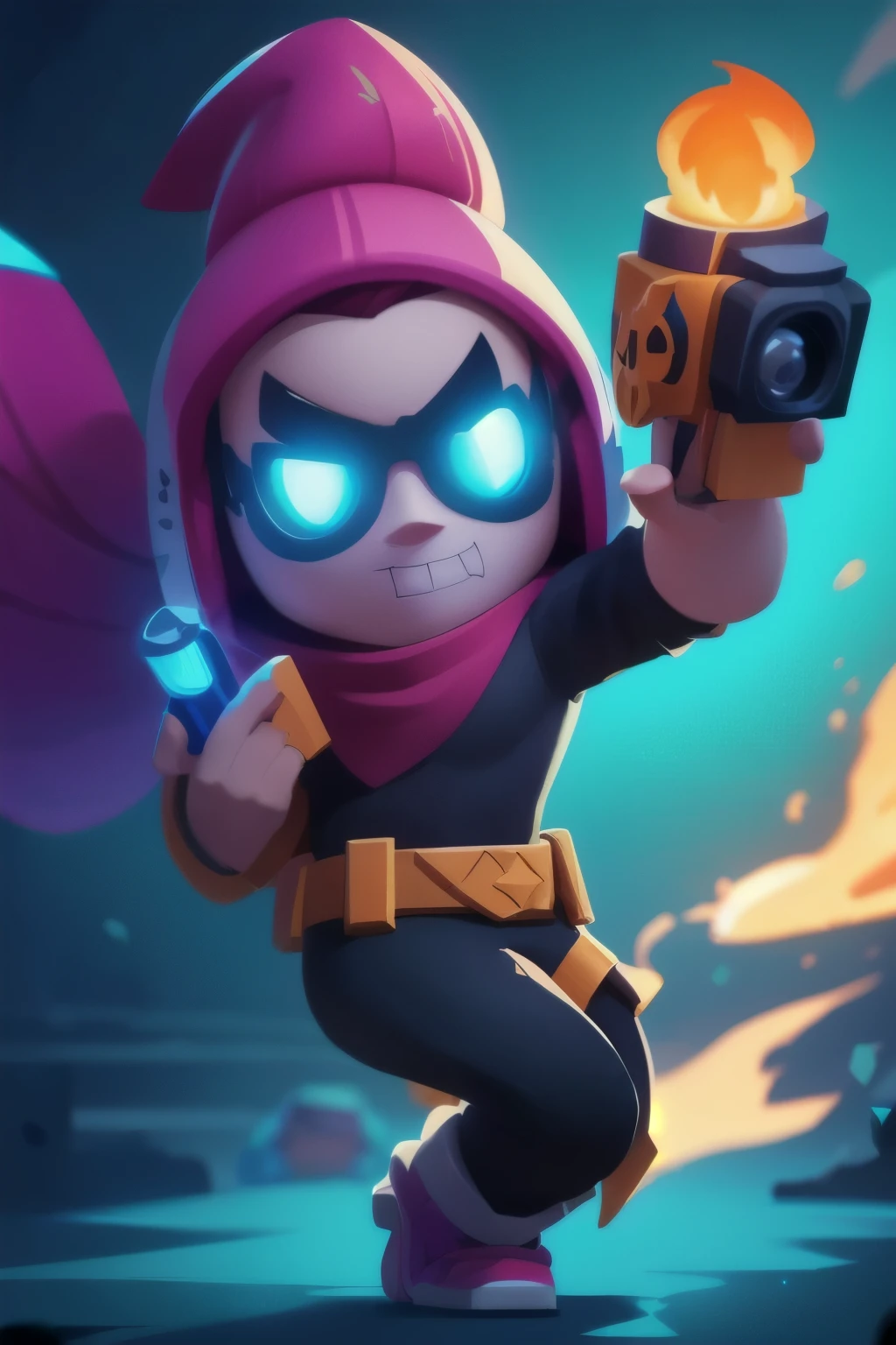 a full body close up of a person holding a gun and a flashlight, ( , brawl stars, splash art brawlstars, epic art style, blaster fire bright as neon, game character, in game style 8k, merged character, fortnite art style, stylized character, holding a blaster, slick clammy skin, clash royal style characters, mobile game style, new character