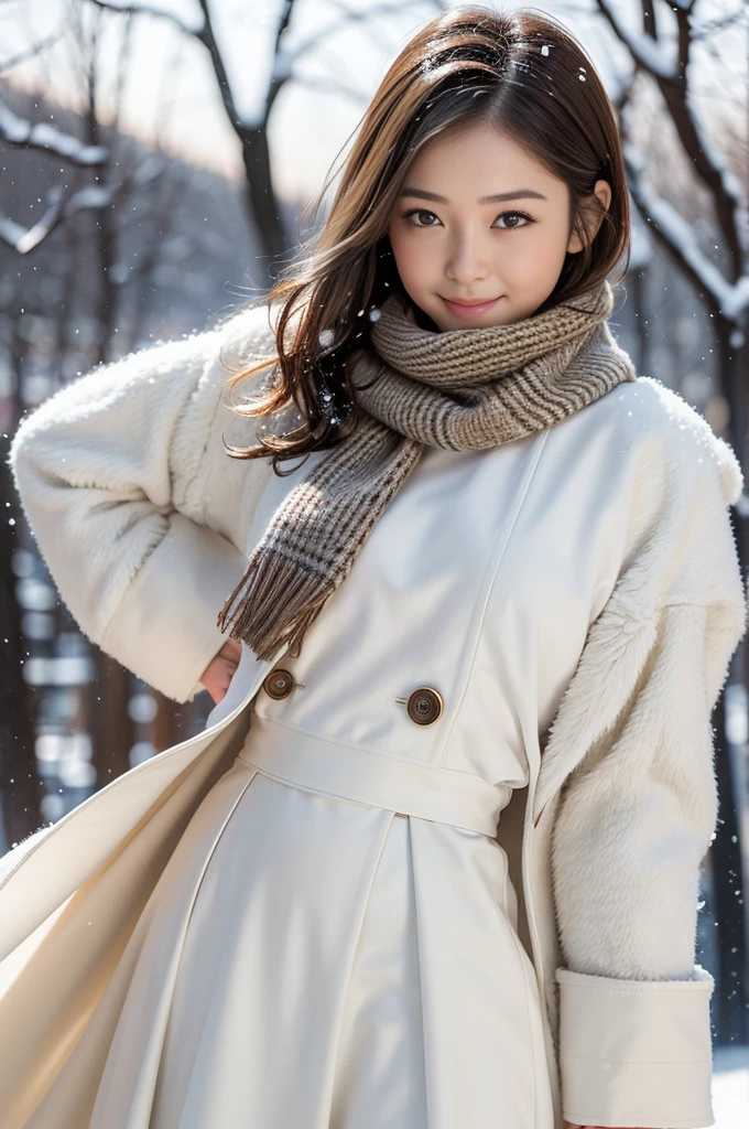 (8k, RAW photo, photorealistic, HQ, masterpiece), a cute Japanese girl,(glowing eyes), 
(light smile:0.4), brown hair, fluffy Pixie Bob hair, large breasts, (Stylish winter outfits, Scarf, coat, long skirt), 
standing pose, Seductive pose, (Snow continuing to fall:1.4),(Snowy winter nature park), 
blurred background, depth of field, natural lighting, (backlighting:1.2), (face lightning:1.2), 