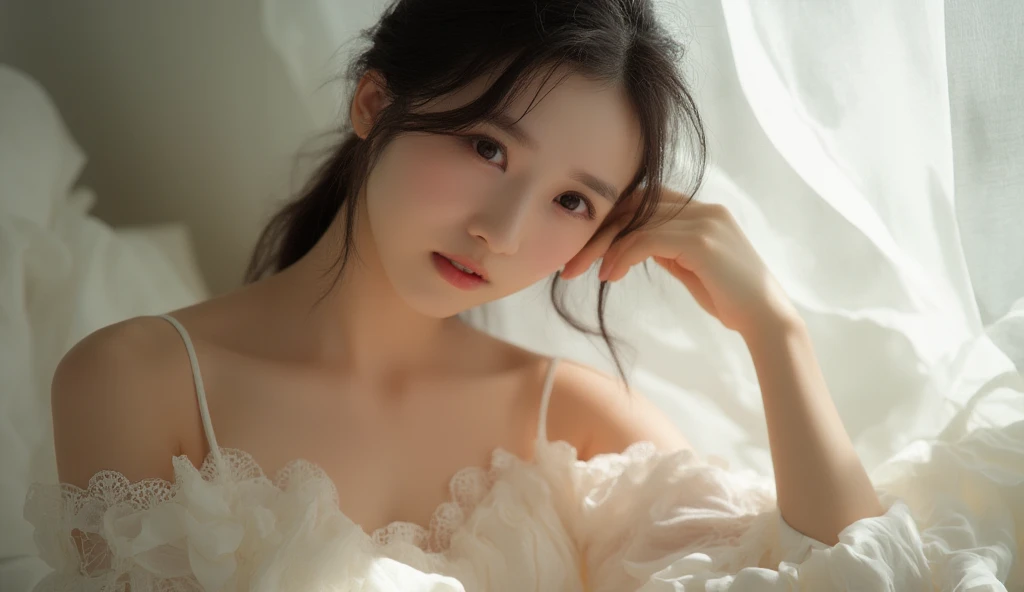 Close-up of a long-haired woman in a white dress, Soft portrait shots 8 k, artwork in the style of Gu Weiss, Gu Weiss, Pretty Face, Practical. cheng yi, cute and exquisite face, Long hair and sharp eyes, beautiful Practical face, Extremely beautiful face, inspired by Yanjun Cheng, Stunning anime face portraits