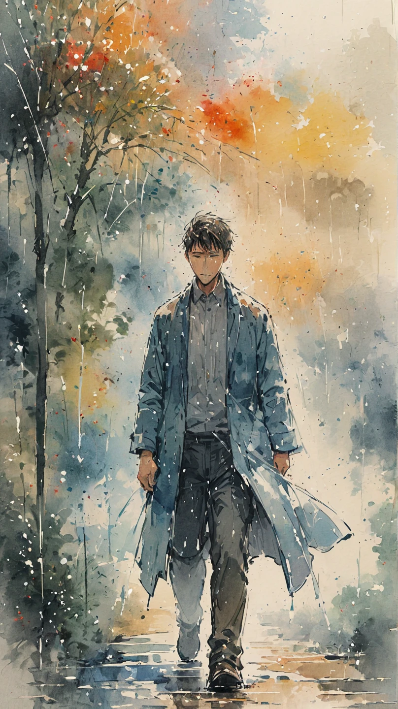  male watercolor. Full body portrait of a man .  he raises his head and heads for the rain ,  rain water falls down his face . He's walking down the street ,  she reaches out and feels the rain .  watercolor brush stroke painting style. The sky is dark. fashionable