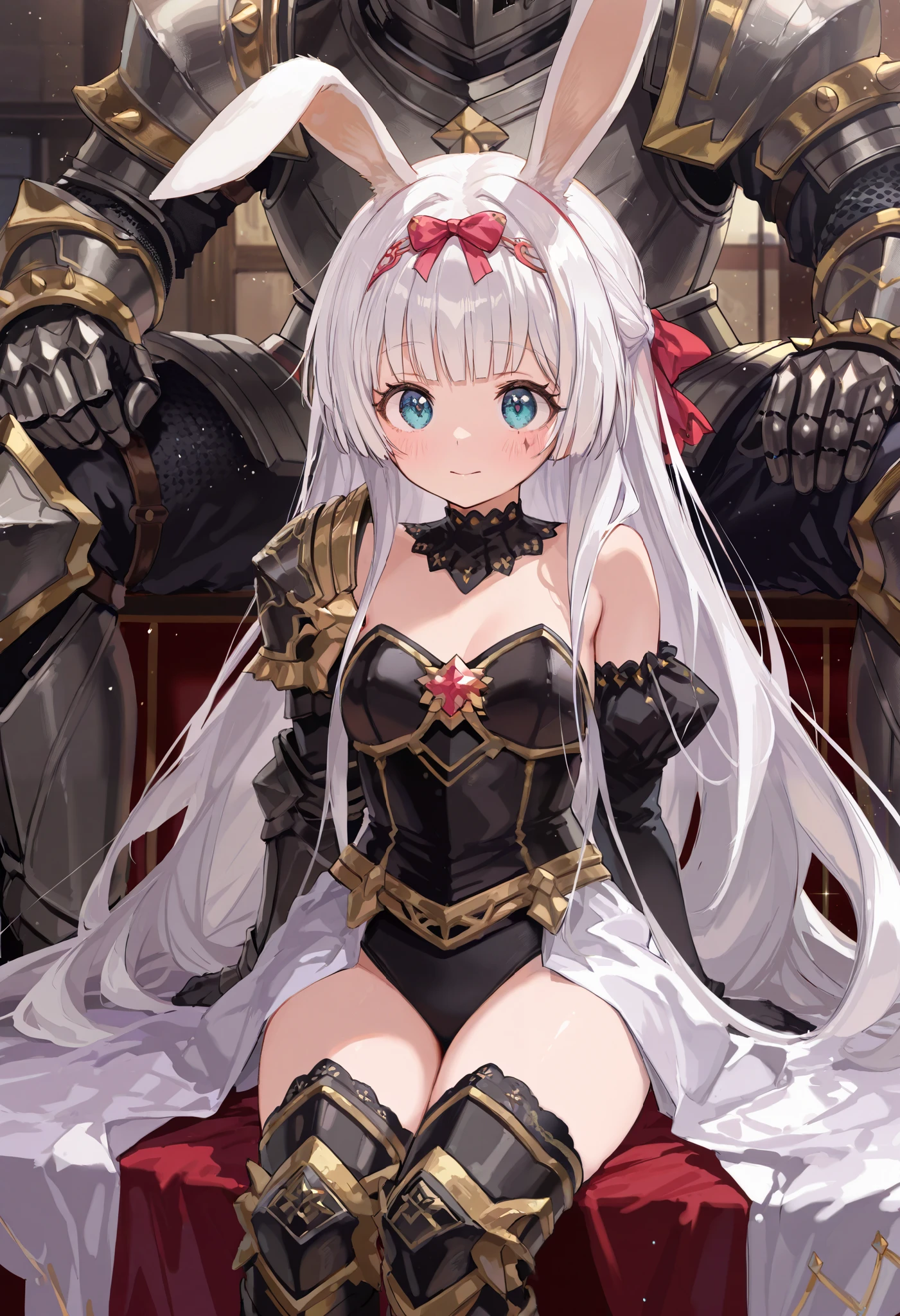 ((Best quality, 8k, Masterpiece: 1.3)), Sharp focus A beautiful woman with perfect body, Highly detailed face and skin texture, (Detailed eyes), rabbit ears, hime cut, white hair, hair bow, ribbon, pupils sparkling, tareme, (knight wearing steel armor), cowboy shot, sitting