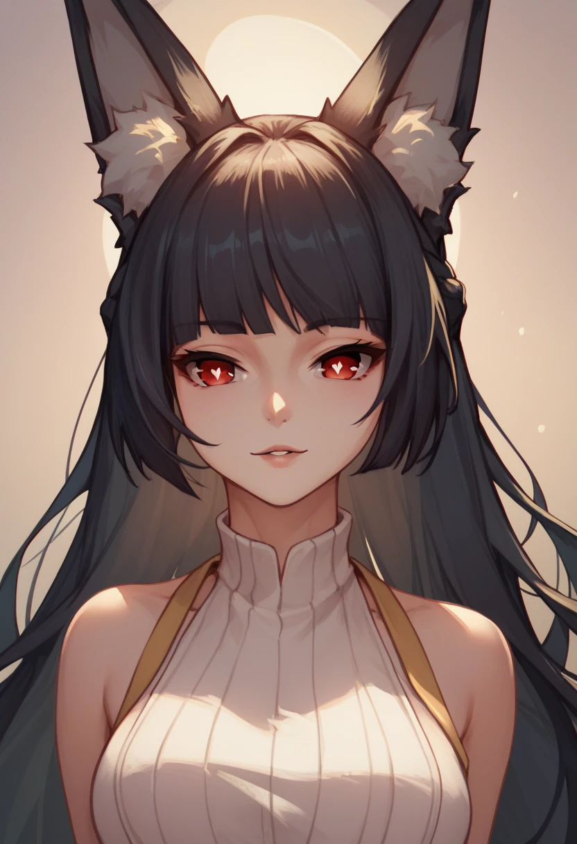 miyabihoshimi, miyabi hoshimi,animal ear fluff, animal ears, black hair, bright pupils, fox ears, fox girl, half updo, long hair, red eyes, sidelocks, white pupils,