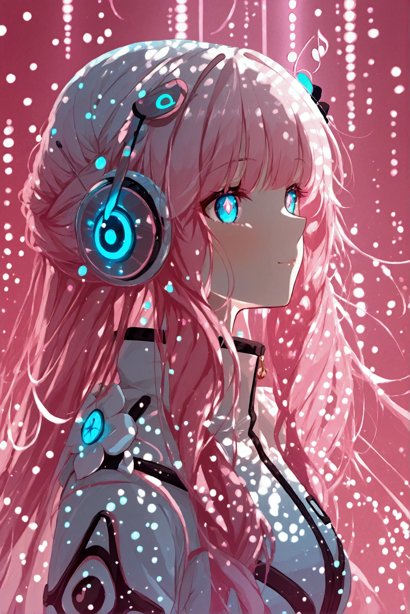 An elegant young girl with long, wavy pastel pink hair accented by white streaks, her glowing rose-colored eyes exuding confidence and charm. She wears a stylish outfit inspired by a mix of modern military and royal designs, in shades of pink, white, and silver, with intricate musical note patterns as details. She accessorizes with futuristic floating headphones, and beside her is a large, sleek, floating keyboard adorned with soft LED lights. The background features vibrant soundwaves and glowing beams of light that enhance her energetic and radiant presence. Her expression is calm yet determined, reflecting her commanding and graceful personality.