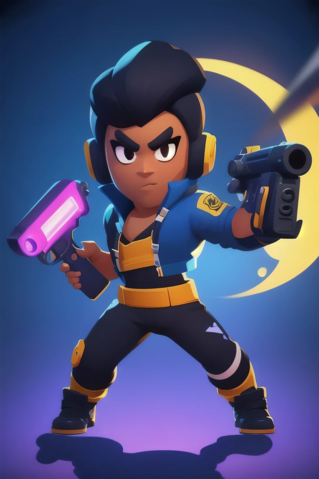 a full body close up of a person holding a gun and a flashlight, ( , brawl stars, splash art brawlstars, epic art style, blaster fire bright as neon, game character, in game style 8k, merged character, fortnite art style, stylized character, holding a blaster, slick clammy skin, clash royal style characters, mobile game style, new character