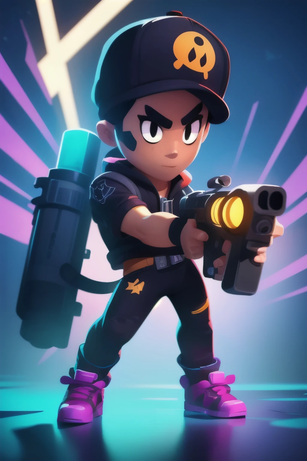 a full body close up of a person holding a gun and a flashlight, ( , brawl stars, splash art brawlstars, epic art style, blaster fire bright as neon, game character, in game style 8k, merged character, fortnite art style, stylized character, holding a blaster, slick clammy skin, clash royal style characters, mobile game style, new character