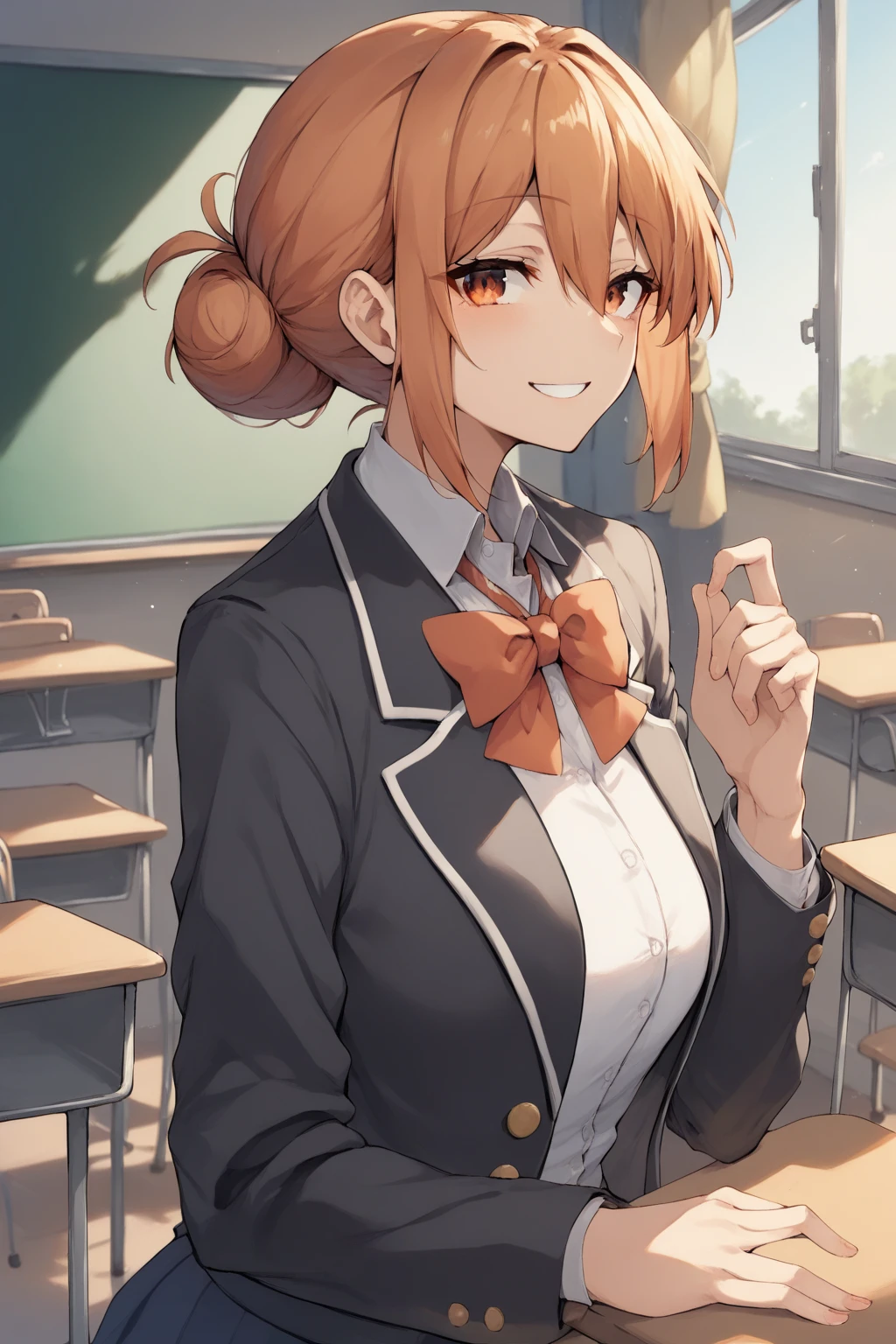 yuigahamama, hair bun, mature female, orange eyes, orange hair, short hair, single hair bun, hair between eyes, sidelocks, skirt, shirt, ribbon, school uniform, jacket, white shirt, black jacket, blazer, sobu high school uniform, smile, school classroom, masterpiece, best quality, ultra-detailed, high resolution, 8K,