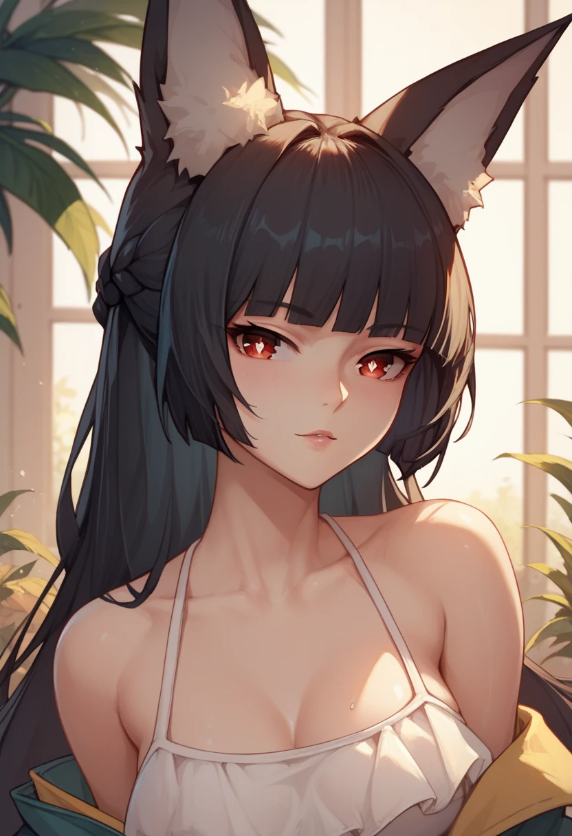 miyabihoshimi, miyabi hoshimi,animal ear fluff, animal ears, black hair, bright pupils, fox ears, fox girl, half updo, long hair, red eyes, sidelocks, white pupils,ero,swimsuit