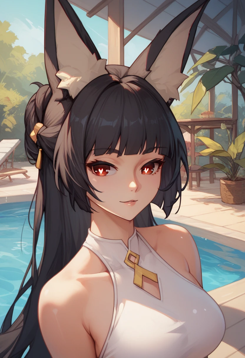 miyabihoshimi, miyabi hoshimi,animal ear fluff, animal ears, black hair, bright pupils, fox ears, fox girl, half updo, long hair, red eyes, sidelocks, white pupils,ero,swimsuit