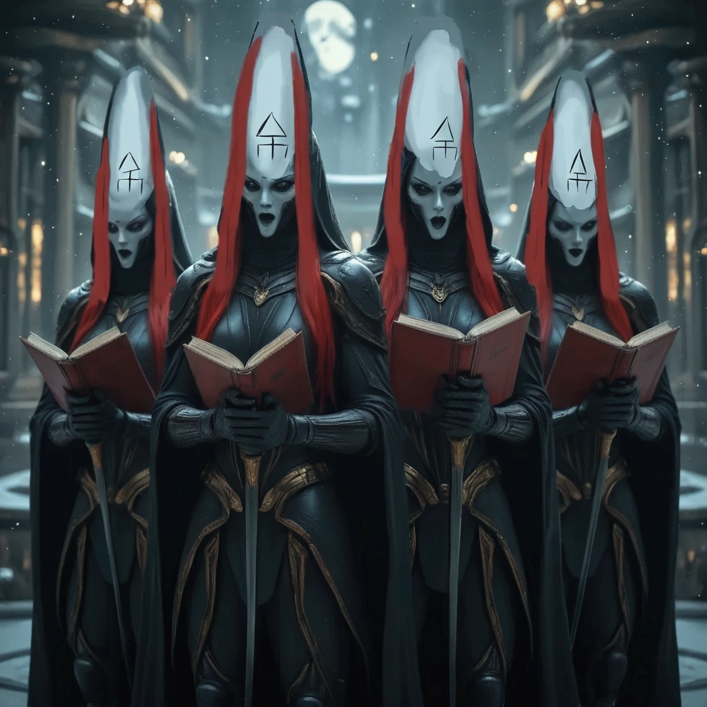 Ethereal Aeldari women, clad in dark, form-fitting power armor, stand before a house, their faces concealed by tall helms resembling Ghostface's eerie visage, with a crest bearing the rune of the Wailing Banshees. Four figures, each grasping a long katana and a book of Christmas carols, pose as one, their slender fingers curled around the worn pages. Soft, moonlit snowflakes dance around them, casting an otherworldly glow on this haunting holiday scene.