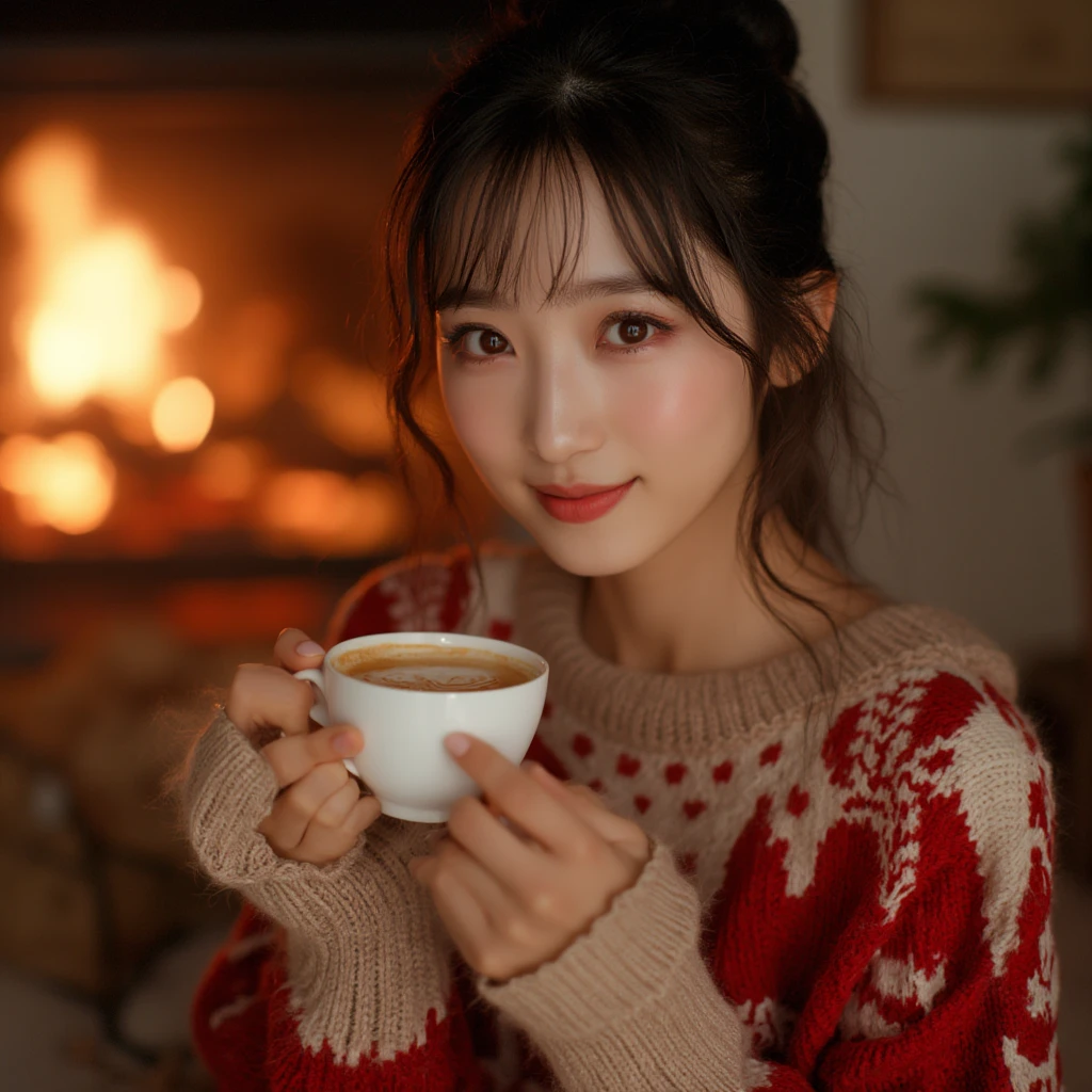 A beautiful asian woman with beautiful eyes, detailed eyes, beautiful full lips, highly detailed eyes and faces, long eyelashes, cute expression, smile, sitting,  holding a cup of hot latte, homely background, Christmas sweater, fireplace, warm light, detailed lighting and shadows, anime style, 8k, Hi-Res, masterpiece, bright colors, hyper detailed, hyper realistic in the style of milo manara