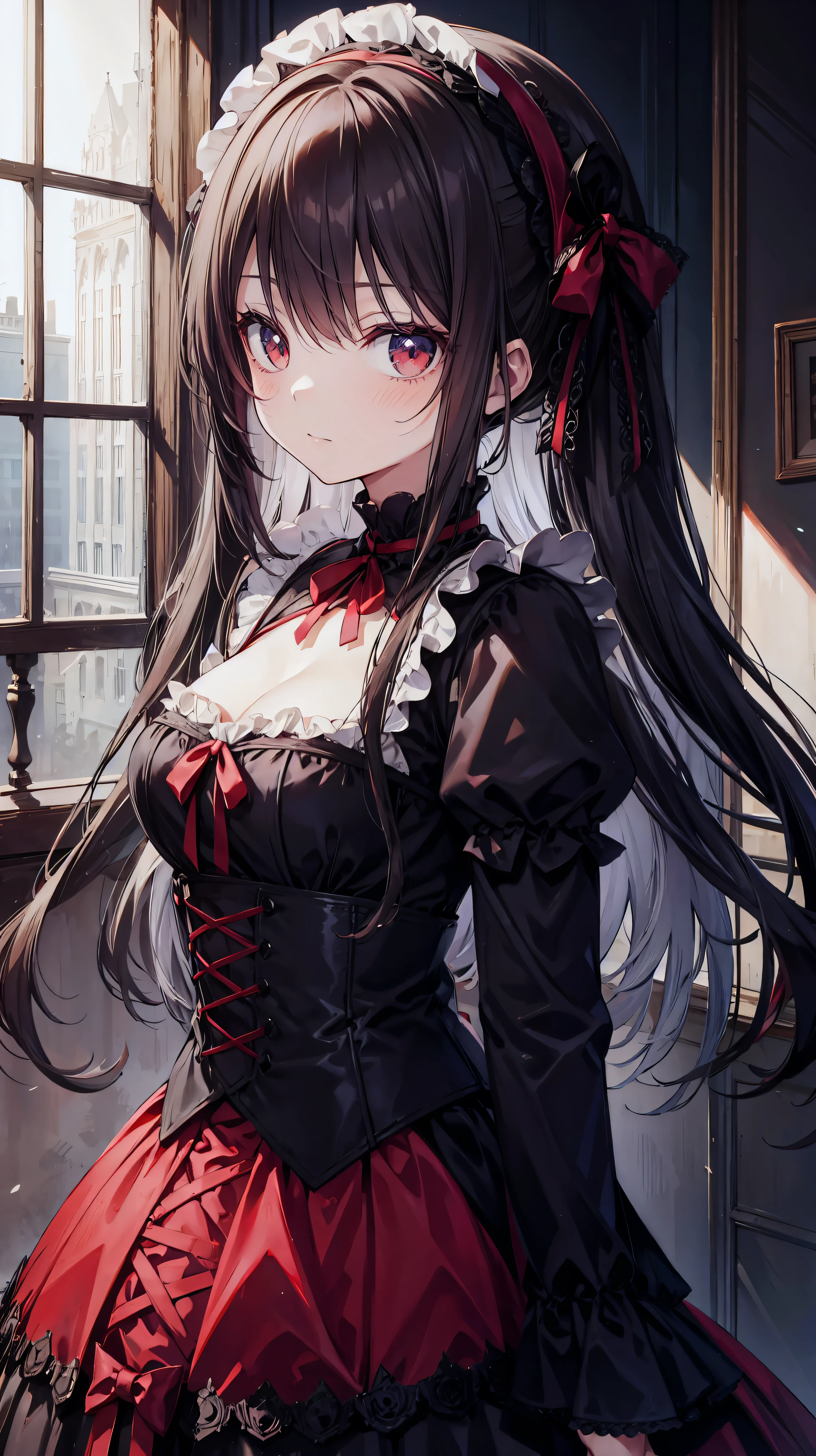 8k, best quality, (lifelike:1.4), original photo, 1 girl, Vampire hair, blood-stained fangs, Victorian attire, posture: lurking in moonlit cemetery, crimson eyes gleaming with hunger