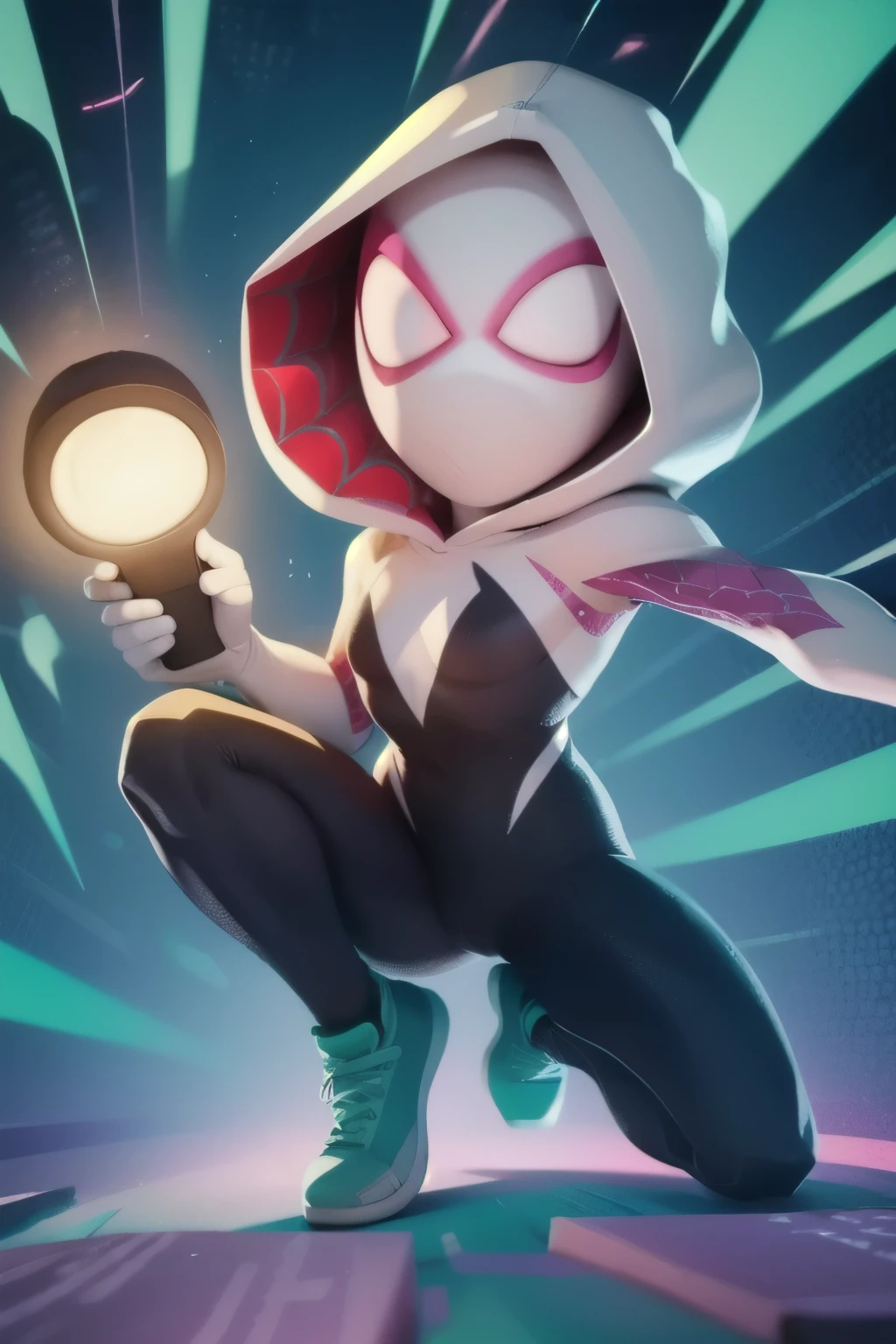 a full body close up of a person holding a gun and a flashlight, (Spider-Gwen in brawl stars style) , brawl stars, splash art brawlstars, epic art style, blaster fire bright as neon, game character, in game style 8k, merged character, fortnite art style, stylized character, holding a blaster, slick clammy skin, clash royal style characters, mobile game style, new character