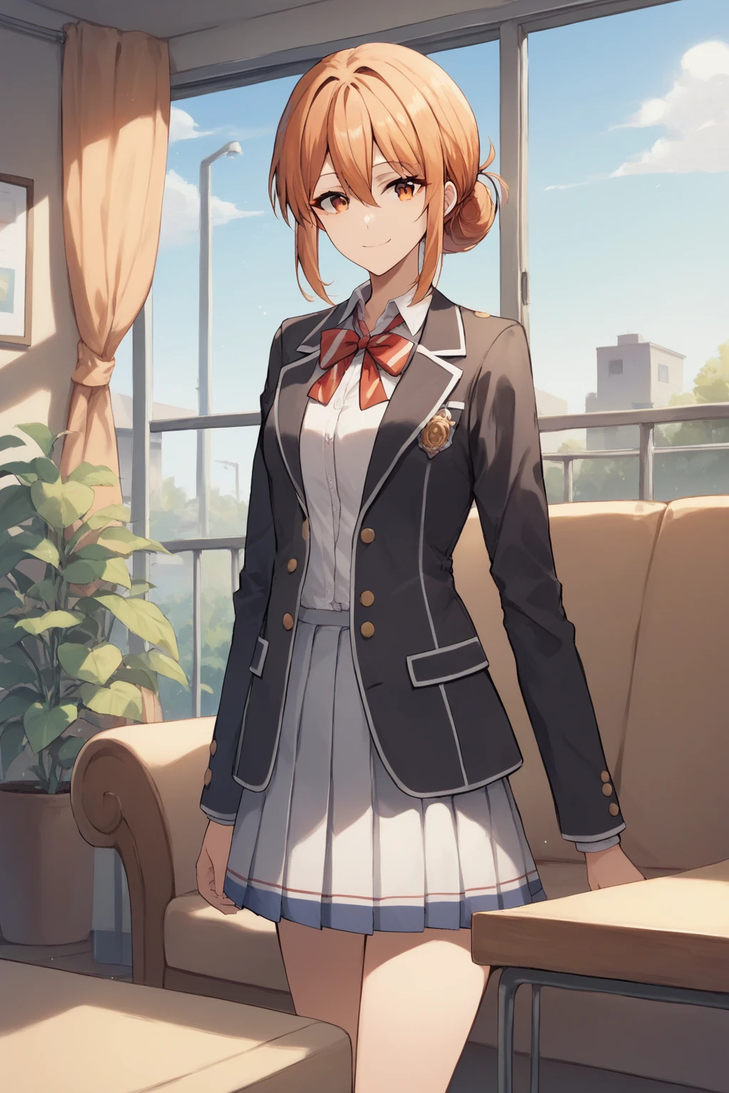 yuigahamama, hair bun, mature female, orange eyes, orange hair, short hair, single hair bun, hair between eyes, sidelocks, skirt, shirt, ribbon, school uniform, jacket, white shirt, black jacket, blazer, sobu high school uniform, smile, outdoor, living room, masterpiece, best quality, ultra-detailed, high resolution, 8K,