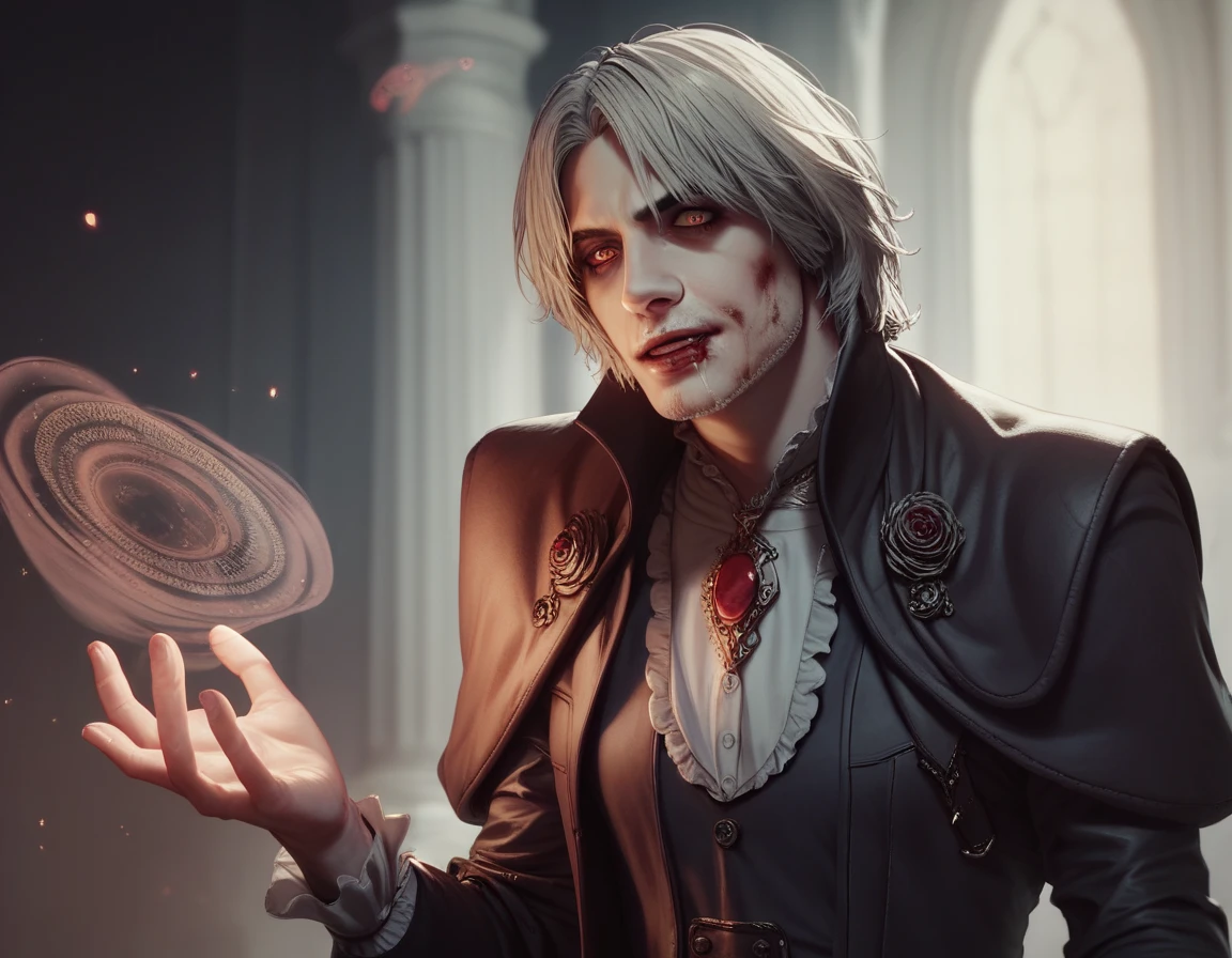 Dante Sparda,  Courageous,  Victorian style, magic,  Dante from DMC , Divine, horror, Dark tones, Blood