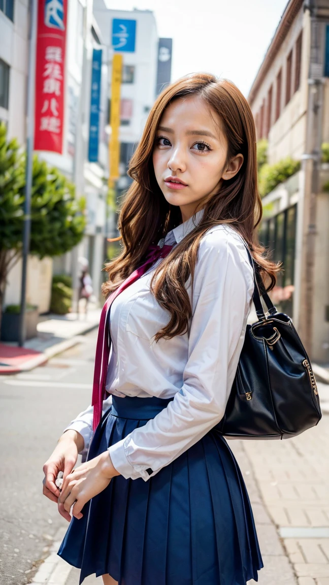 a beautiful 18 year old Japanese high school girl with perfect anatomy, healthy thighs, beautiful legs, beautiful skin, random hair color and style, large breasts, (wearing a Japanese schoolgirl uniform:1.3), (she is standing:1.2), penny loafers, holding a student bag, full body shot, standing on a city street, (best quality,4k,8k,highres,masterpiece:1.3),(extremely detailed:1.2),photorealistic,ultra-detailed,vivid colors, studio lighting, professional, Tomomi Itano