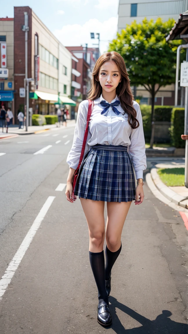 a beautiful 18 year old Japanese high school girl with perfect anatomy, healthy thighs, beautiful legs, beautiful skin, random hair color and style, large breasts, (wearing a Japanese schoolgirl uniform:1.3), (she is standing:1.2), penny loafers, holding a student bag, full body shot, standing on a city street, (best quality,4k,8k,highres,masterpiece:1.3),(extremely detailed:1.2),photorealistic,ultra-detailed,vivid colors, studio lighting, professional, Tomomi Itano