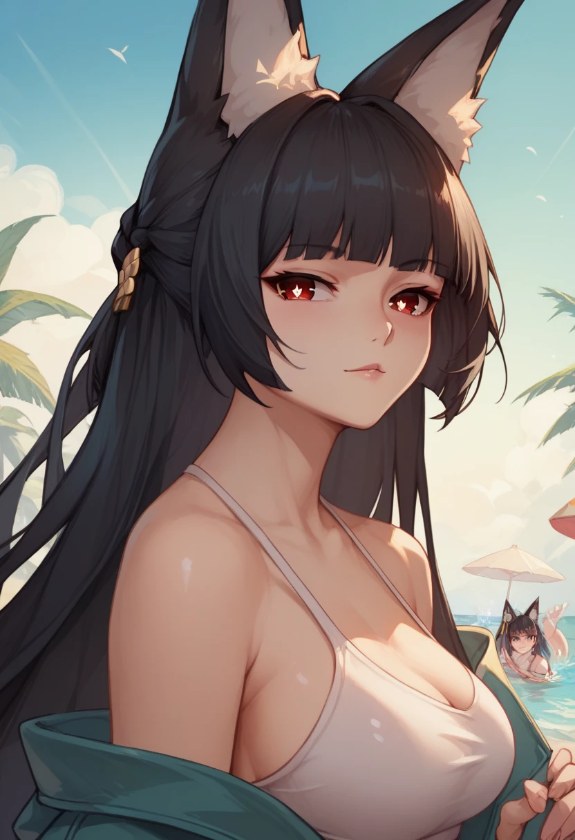 miyabihoshimi, miyabi hoshimi,animal ear fluff, animal ears, black hair, bright pupils, fox ears, fox girl, half updo, long hair, red eyes, sidelocks, white pupils,ero,swimsuit