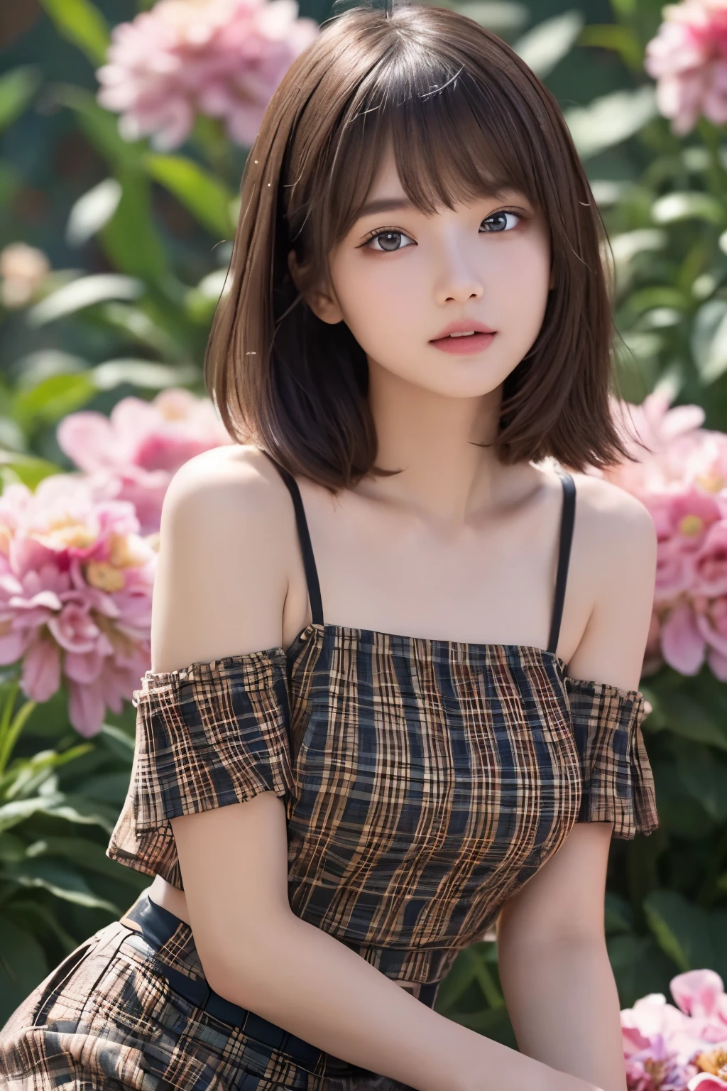 1girl, (a beauty girl, delicate girl, beautiful girl, innocent girl:1.3), (18yo:1.3),
break, (casual plaid top set:1.3), (sit, longskirt),
break, (flower background:1.3),
break, very fine eyes, (symmetrical eyes:1.3),
break, (flat breasts:0.5), (round face, baby face), (brown eyes), parted bangs, (brown hair),
break, (eyes and faces with detailed:1.0), face focus,
break, (masterpiece, best quality, ultra detailed, detailed face, 8k)
