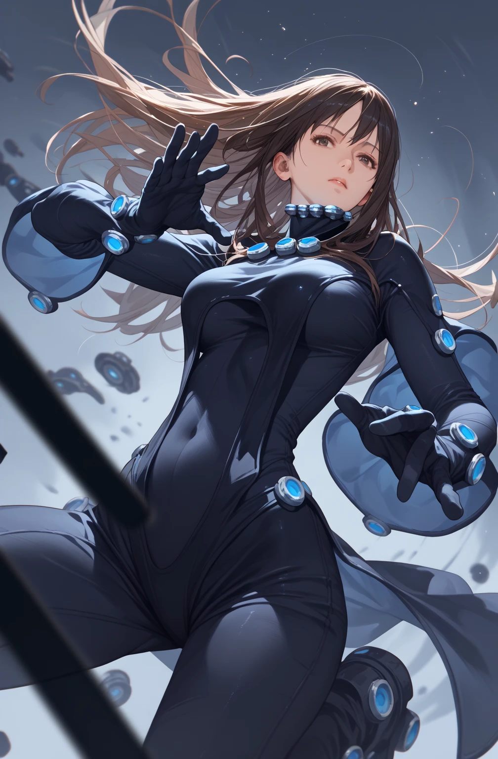 Reika shimohira in gantz costume, dynamic pose, dynamic angle
