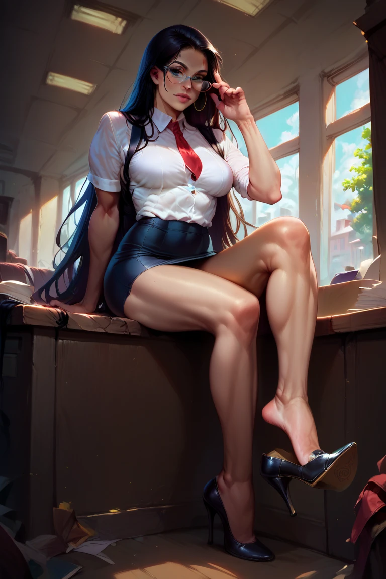 score_9, score_8_up, score_8_up, detailed illustration, realistic, 1girl, LraKinyX, long hair, Athletic body, fit body, abs, skinny, toned legs, black pencil skirt, rectangular glasses, squared eyewear, white shirt, red short tie, high heels, stilletos, no underwear, detailed feet,sitting on desk, on a crowded office, looking at viewer, adjusting eyewear, (shoe dangle:1.6), philon style