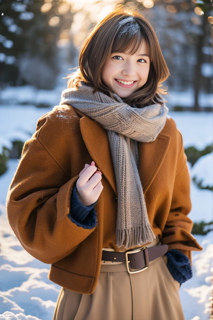 (8k, RAW photo, photorealistic, HQ, masterpiece), a cute Japanese girl,(glowing eyes), 
(laugh ), brown hair, fluffy Pixie Bob hair, large breasts, (Stylish winter outfits, Scarf, coat, long skirt), 
standing pose, Seductive pose, (Snow continuing to fall:1.4),(Snowy winter nature park), 
blurred background, depth of field, natural lighting, (backlighting:1.2), (face lightning:1.2), 