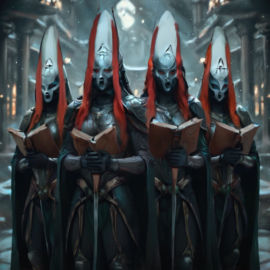 4girls, solol, eldar, redhead, white armor, helmet:1.5, howling banshee, rune, obscured face, mask, aeldari-il, armor, helmet, red eyes, glowing eyes 