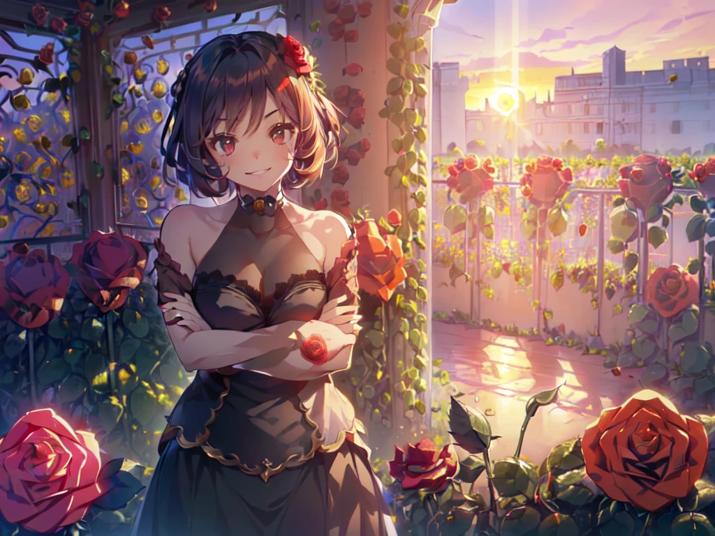 (Solo:2), (Young Woman:2), (Big Head, Very Large Breasts), (Smiling, Showing Gums, Looking at Camera), (Swimsuit), (Red Rose Garden in Castle:2), (Sunset:2), (High Angle, Focus on Breasts), (Short Fingers:2, Short Arms:2), (Anime, Toon Shader, Very Thin Lines, Carefully Drawn, Great Artwork, Best Quality, High Resolution, 8K, Detailed, Delicate)