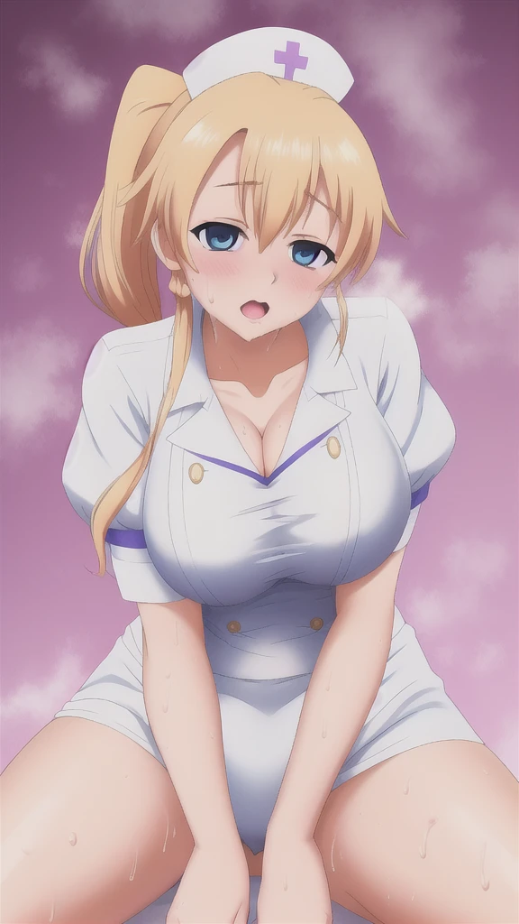   erotic、Leafa、 blonde ponytail、Light blue eyes、Big Breasts, Alone、 white nurse clothes , Purple Wicked Background 、  top quality ,  detailed face ,  detailed eyes,  high res,A melting expression、Looking up、 cheeks red、 sexy poses、lure、Estrus、Open your mouth slightly、adult、 cute、Pitiful、sweat、 wet、 White Breath、 white breath 、 heart symbol、 Heart-shaped Eyes Angle from Below、Straddle、 widen your crotch、 lean forward、 touch my chest with my hands