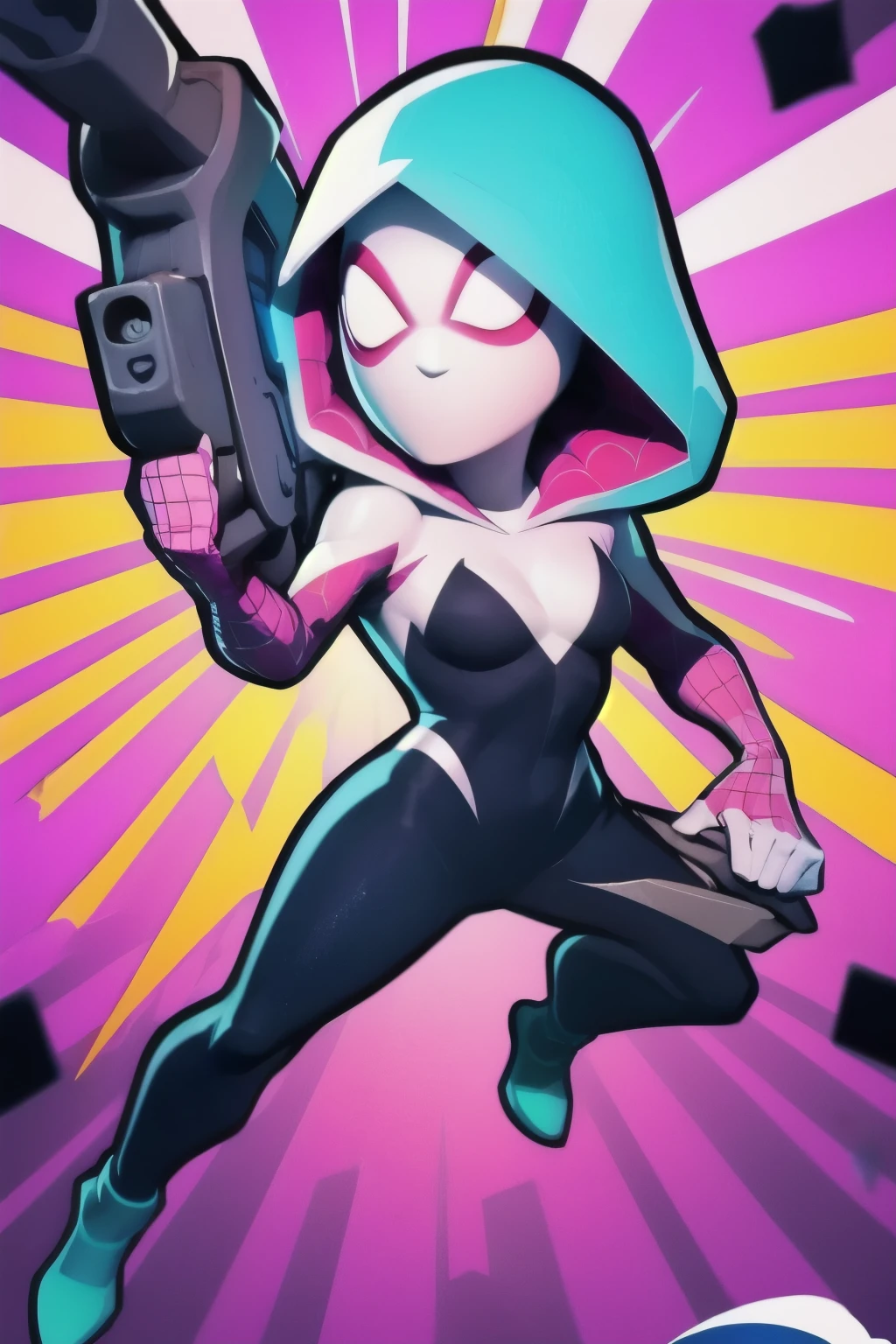 a full body close up of a person holding a gun and a flashlight, (Spider-Gwen in brawl stars style) , brawl stars, splash art brawlstars, epic art style, blaster fire bright as neon, game character, in game style 8k, merged character, fortnite art style, stylized character, holding a blaster, slick clammy skin, clash royal style characters, mobile game style, new character