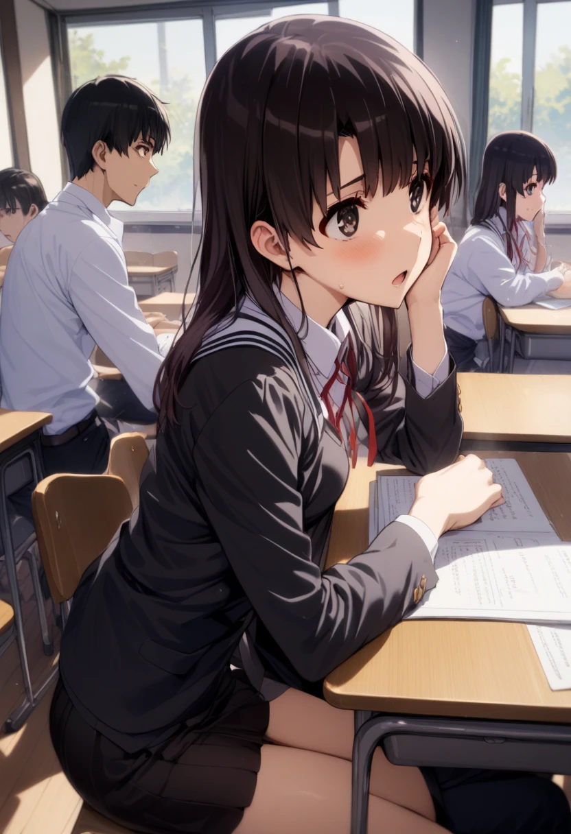 1girl and 1man,he is teacher,megumi katou,short black hair,she is student, classroom,kind atmosphere,masterpiece, best quality,ultra detailed