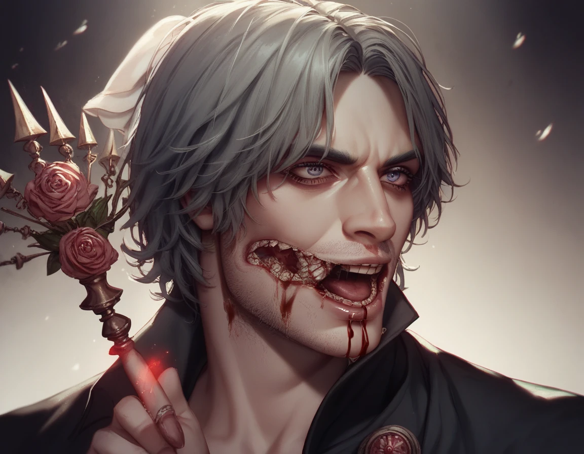 Dante Sparda,  Courageous,  Victorian style, magic,  Dante from DMC , Divine, horror, Dark tones, Blood