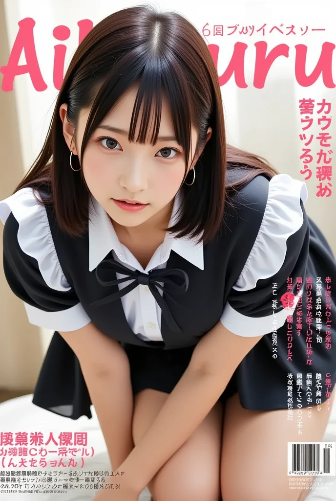 top-quality,ultra-detailliert,masterpiece,realisitic,Photo Real,Bright lighting,二重まぶた、1 girl in, Very beautiful 12 year old girl, (kawaii:1.2),Thin smile,((lipgloss)),((Bob Hair,Hair Band)),(a sailor suit,Black collar),(Black pleated skirt),8K,((Put your hands on the floor、stick your butt out and get on all fours))、(((Magazine covers)))