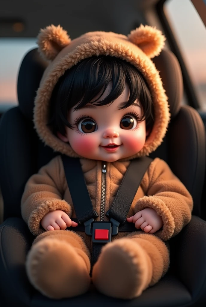 Cute meino miniature (Toy Story), detalhado, estilo cbzbb, Trend in Arstation, arte digital, Cute and cute babyhos azuis, cabelos castanhos, He's strapped into the baby seat inside the car, the background is the car