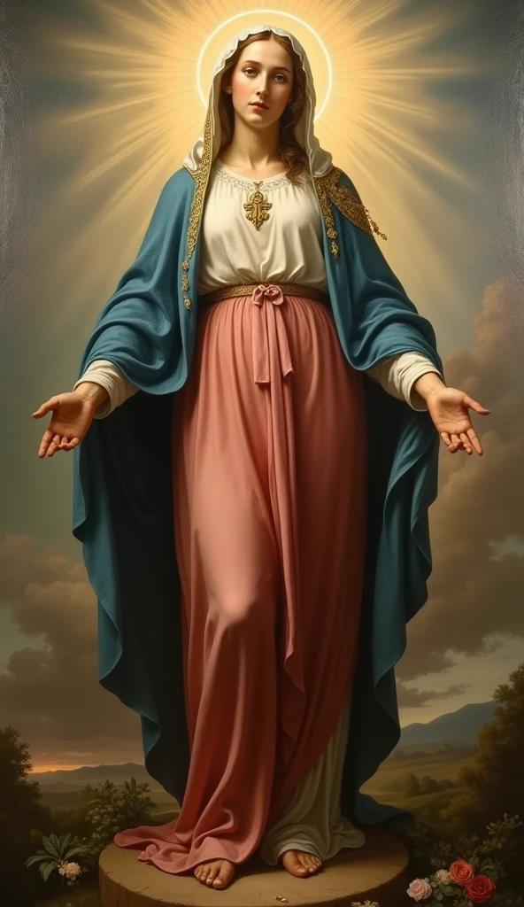 (((Blessed Virgin Mary of Mount Carmel))) Luminoso, en estilo similar al del artista WILLIAM ADOLPHE BOUGUEREAU, obra maestra, (La mejor calidad: 1.2), (super fine: 1.2), illustration, (extremadamente delicado y hermoso: 1.2), movie angle, flotante, (Hermoso ojo de detalle: 1.1), (detalle luz: 1.1), Movie Lights, Cielo delicado, ojos azules, (Cola de caballo alta: 1.1), capa, ojuelos, cielo estrellado, (light particles: 1.1) dibujo, flor. (obra maestra), (La mejor calidad), (fotorrealista:1.3), 8k, Textura detallada de la piel, Textura detallada de la tela, hermosa cara detallada, Detalles intrincados, ultra detallado (cuerpo de cuerpo entero:1.2)